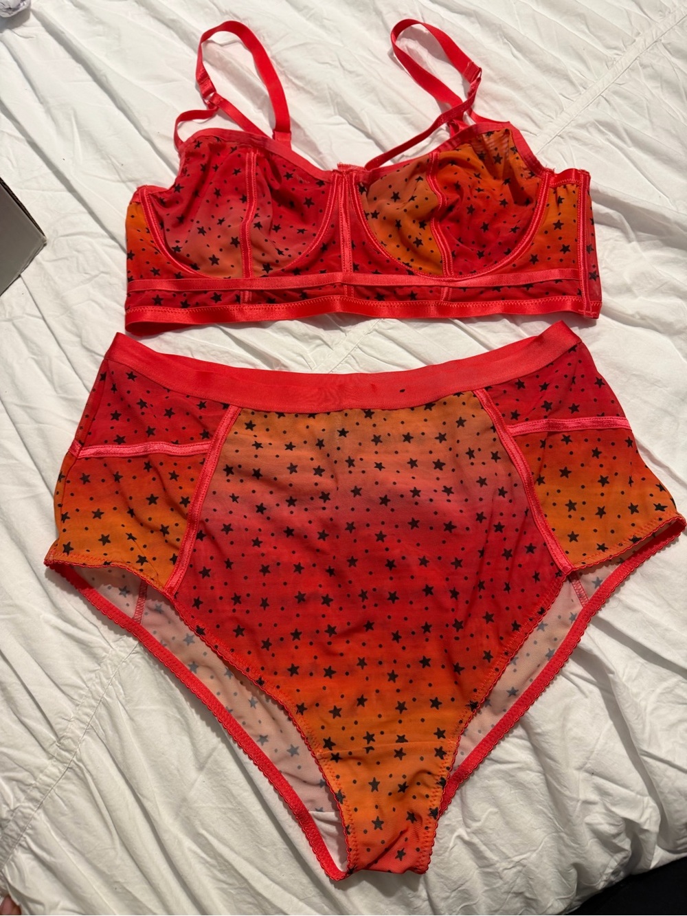Sheer Star-Print High Waist Brief & Bralette Set - Red Orange s